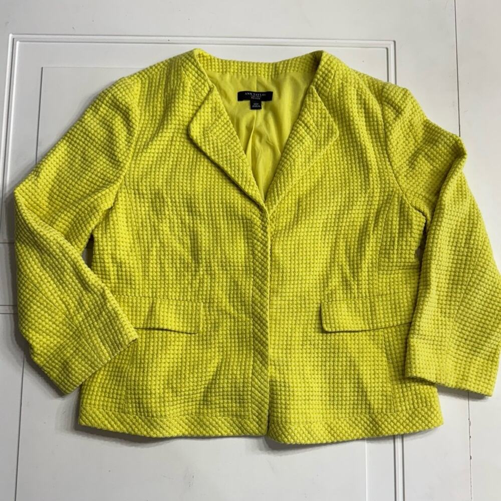 Ann Taylor Womens Sz 12P 3/4 Sleeve Yellow Waffle Knit Cotton Blazer Yellow - Picture 1 of 8